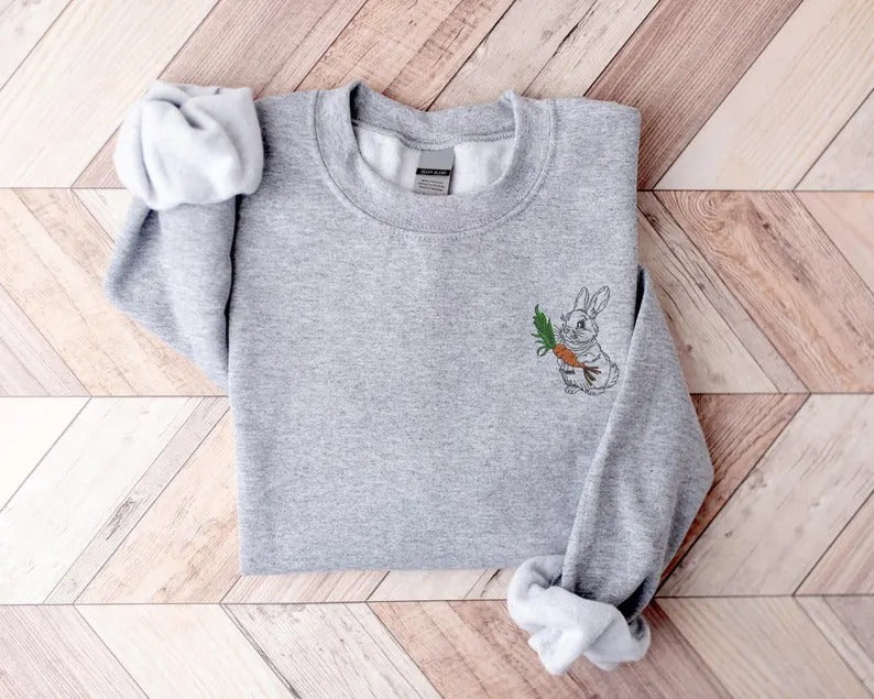 Embroidered Easter Bunny Sweatshirt, Funny Easter Day Sweater for Women, Cute Bunny with Carrot Crewneck Jumper, Easter Bunny Lover Gifts