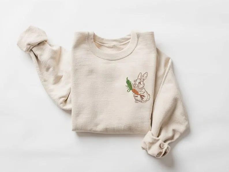 Embroidered Easter Bunny Sweatshirt, Funny Easter Day Sweater for Women, Cute Bunny with Carrot Crewneck Jumper, Easter Bunny Lover Gifts