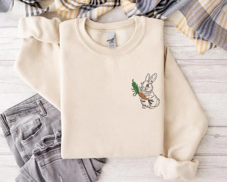 Embroidered Easter Bunny Sweatshirt, Funny Easter Day Sweater for Women, Cute Bunny with Carrot Crewneck Jumper, Easter Bunny Lover Gifts