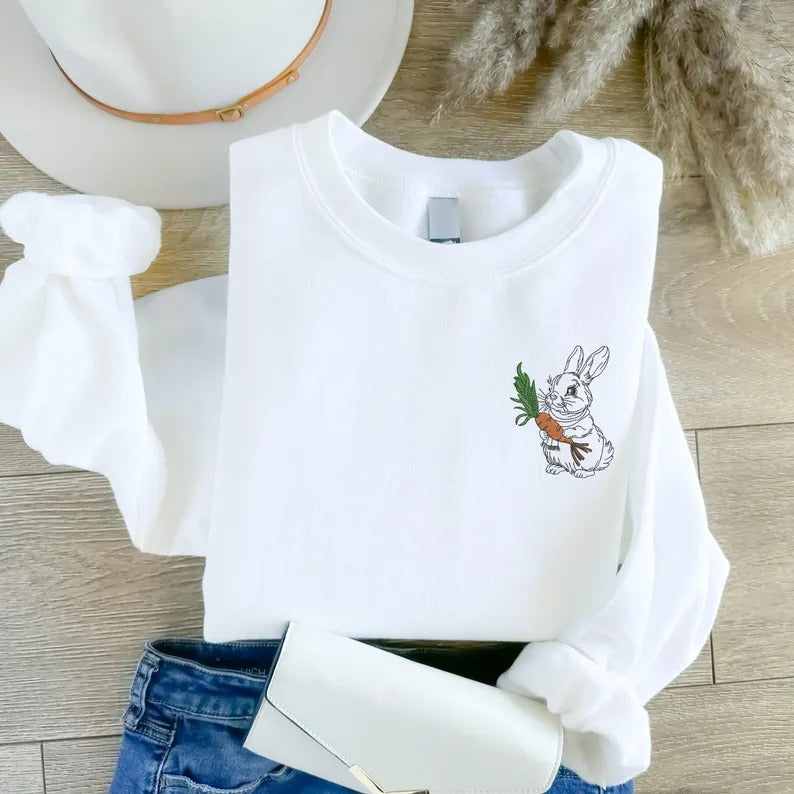 Embroidered Easter Bunny Sweatshirt, Funny Easter Day Sweater for Women, Cute Bunny with Carrot Crewneck Jumper, Easter Bunny Lover Gifts