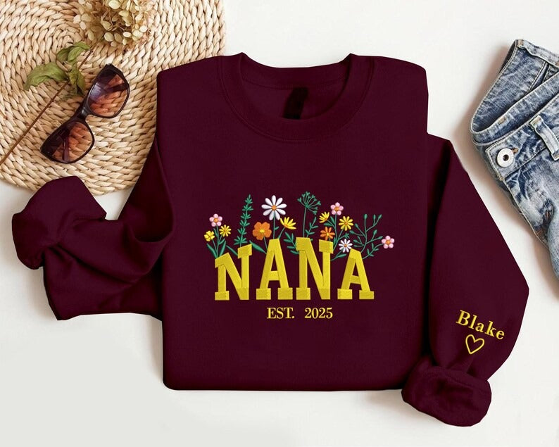 Nana Embroidered Floral Sweatshirt, Custom Nana Crewneck With Heart Kids Names, Nana Crewneck Jumper for Grandma, Best Mothers Day Gifts