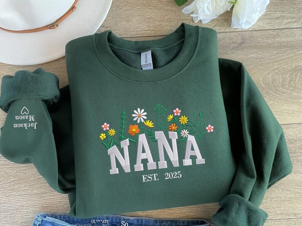 Nana Embroidered Floral Sweatshirt, Custom Nana Crewneck With Heart Kids Names, Nana Crewneck Jumper for Grandma, Best Mothers Day Gifts