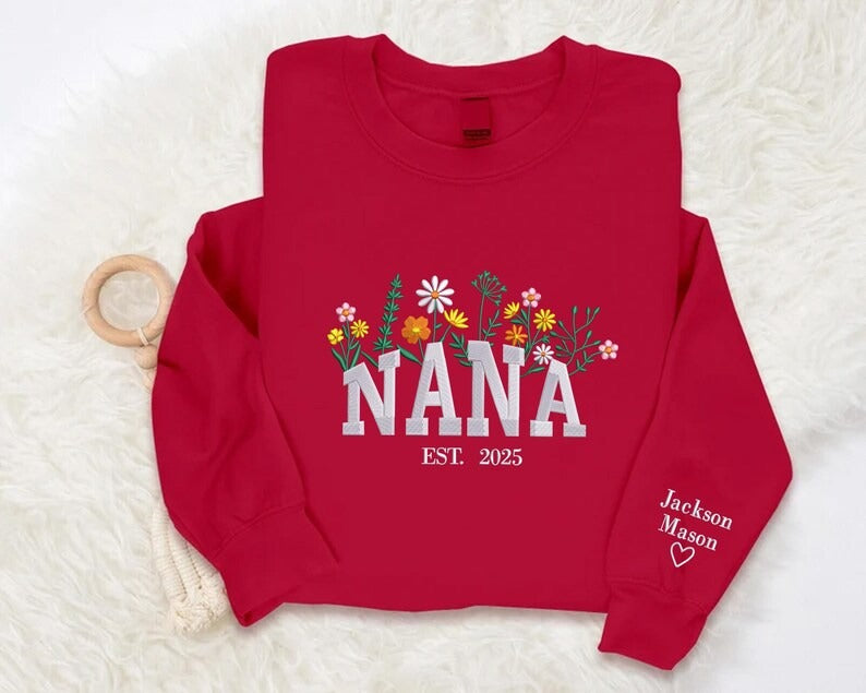 Nana Embroidered Floral Sweatshirt, Custom Nana Crewneck With Heart Kids Names, Nana Crewneck Jumper for Grandma, Best Mothers Day Gifts