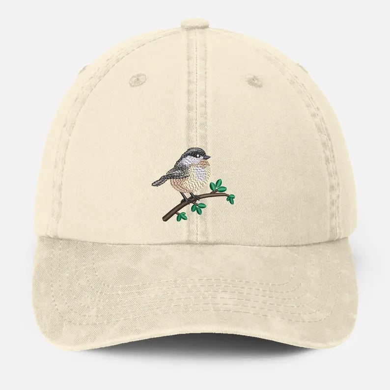 Chickadee Embroidered Vintage Hat, Black Capped Chickadee Dad Hat, Baseball Cap with Bird, Wildlife Bird Watcher Hats, Nature Lover Gifts