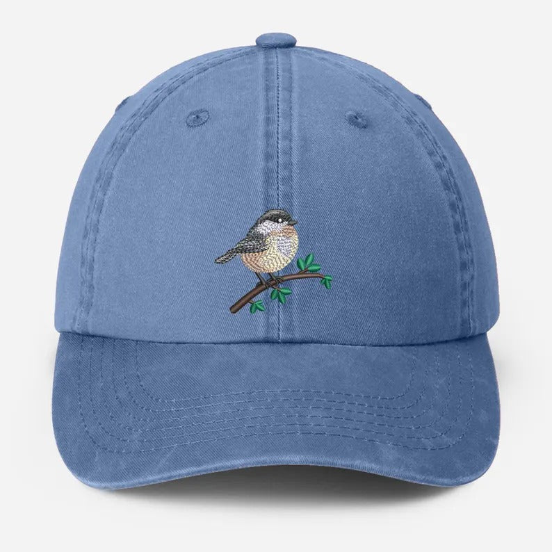Chickadee Embroidered Vintage Hat, Black Capped Chickadee Dad Hat, Baseball Cap with Bird, Wildlife Bird Watcher Hats, Nature Lover Gifts