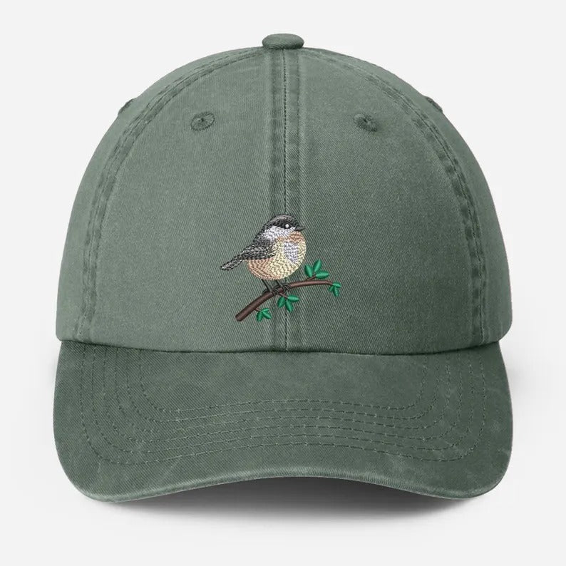 Chickadee Embroidered Vintage Hat, Black Capped Chickadee Dad Hat, Baseball Cap with Bird, Wildlife Bird Watcher Hats, Nature Lover Gifts