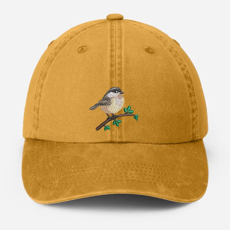 Chickadee Embroidered Vintage Hat, Black Capped Chickadee Dad Hat, Baseball Cap with Bird, Wildlife Bird Watcher Hats, Nature Lover Gifts