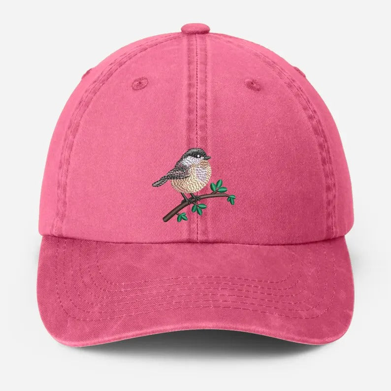 Chickadee Embroidered Vintage Hat, Black Capped Chickadee Dad Hat, Baseball Cap with Bird, Wildlife Bird Watcher Hats, Nature Lover Gifts
