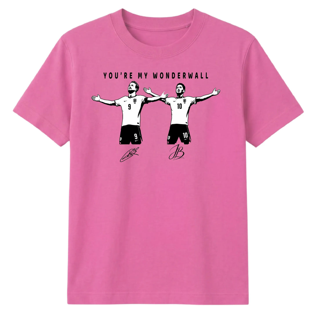 A pink short-sleeve crewneck t-shirt featuring a graphic print of two soccer players celebrating, with the text 'YOU'RE MY WONDERWALL' above them.