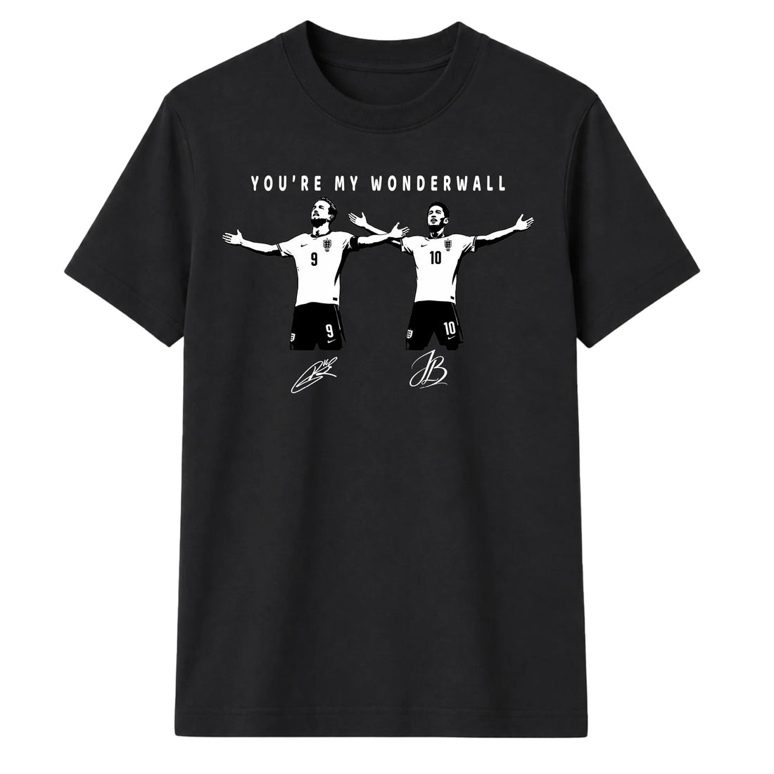 A black short-sleeve crewneck t-shirt featuring a white graphic print of two soccer players with outstretched arms, accompanied by the text 'YOU'RE MY WONDERWALL' and signatures below.