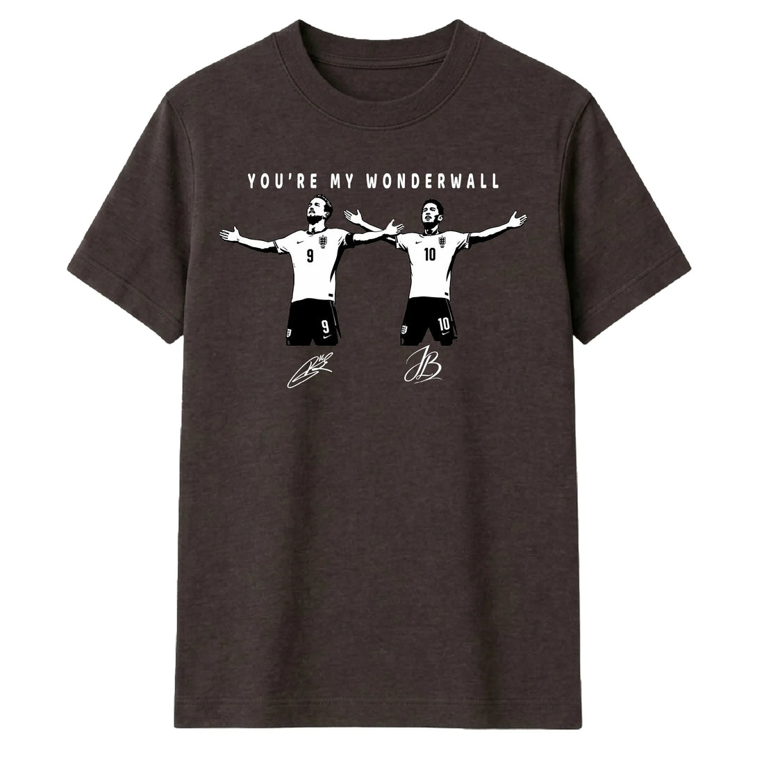 A dark brown heathered t-shirt featuring a graphic print of two soccer players with the text 'YOU'RE MY WONDERWALL' above them, displayed on a solid white background.