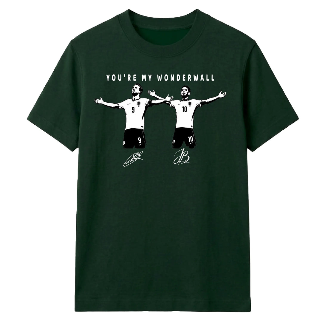 A dark green short-sleeve t-shirt with a white graphic print of two soccer players and the text 'YOU'RE MY WONDERWALL' on the chest, displayed against a solid white background.