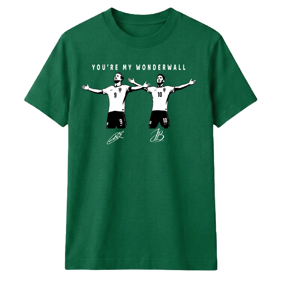 A green short-sleeve crewneck t-shirt featuring a graphic print of two soccer players with outstretched arms and the text 'YOU'RE MY WONDERWALL' above them, on a plain white background.