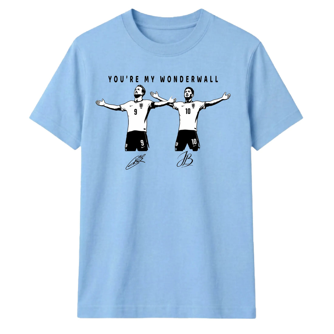 A light blue short-sleeve crewneck t-shirt featuring a graphic print of two soccer players with outstretched arms and the text 'YOU'RE MY WONDERWALL' above them, displayed on a solid white background.