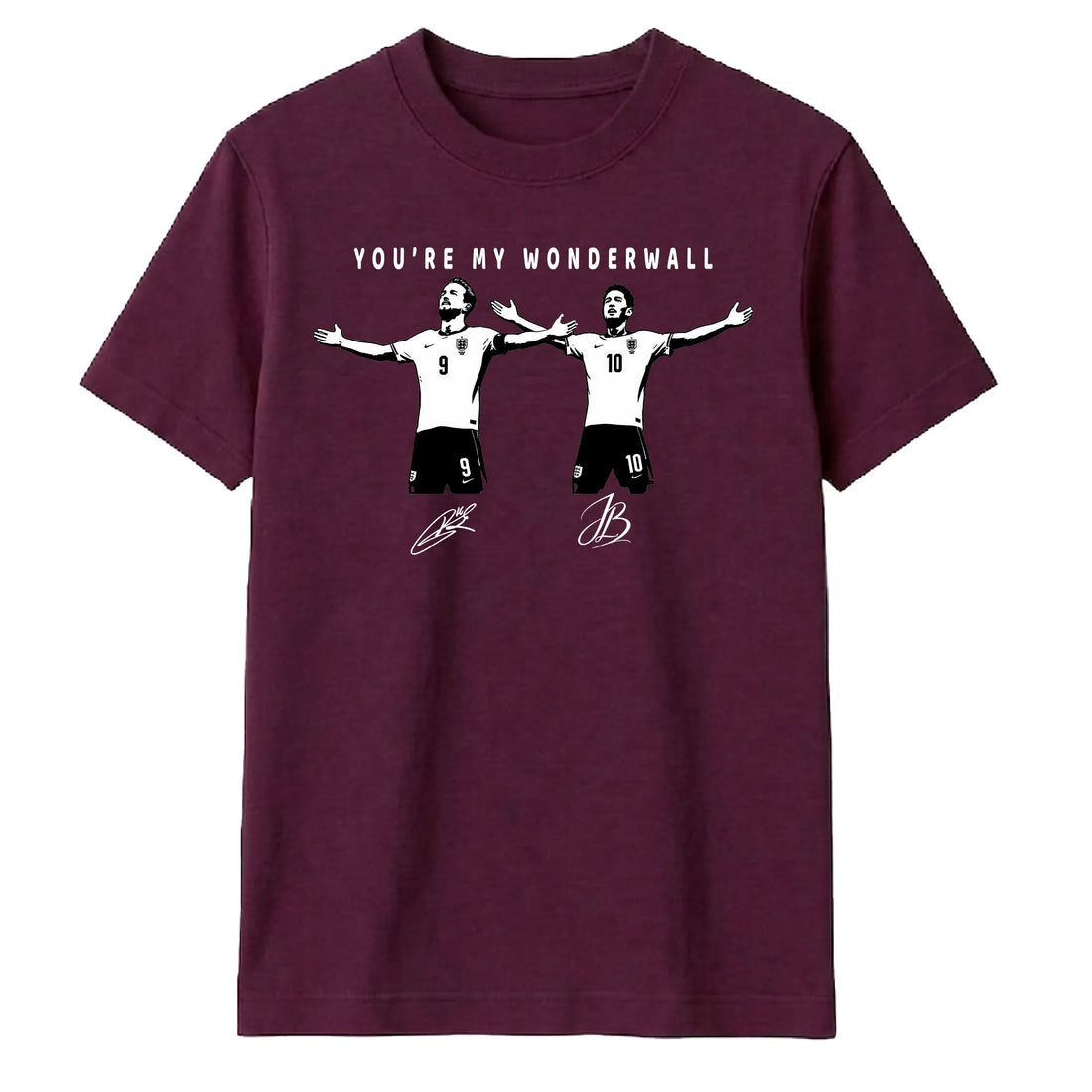 A maroon short-sleeve crewneck t-shirt featuring a graphic print of two soccer players with the text 'YOU'RE MY WONDERWALL' above them, displayed on a solid white background.