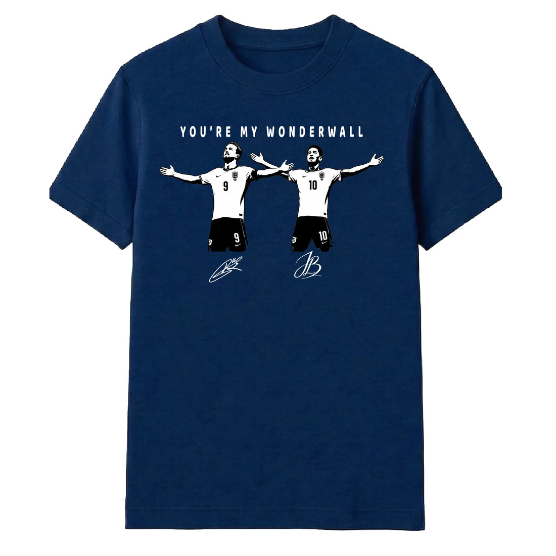 A navy blue short-sleeve t-shirt with a graphic print of two soccer players and the text 'YOU'RE MY WONDERWALL' on the front, displayed against a solid white background.