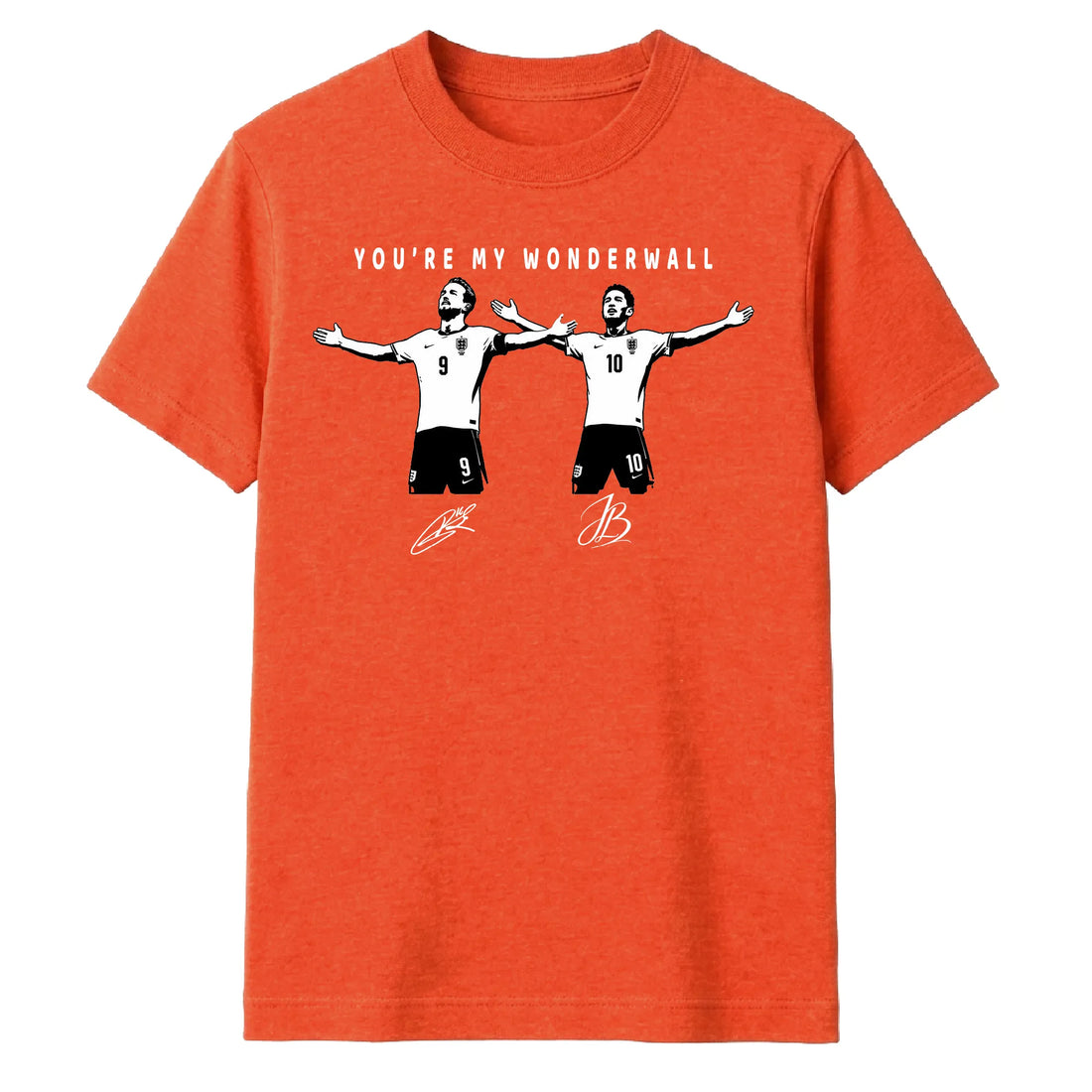 A heather orange short-sleeve t-shirt with a graphic print of two soccer players celebrating, with the text 'YOU'RE MY WONDERWALL' above them, on a plain white background.