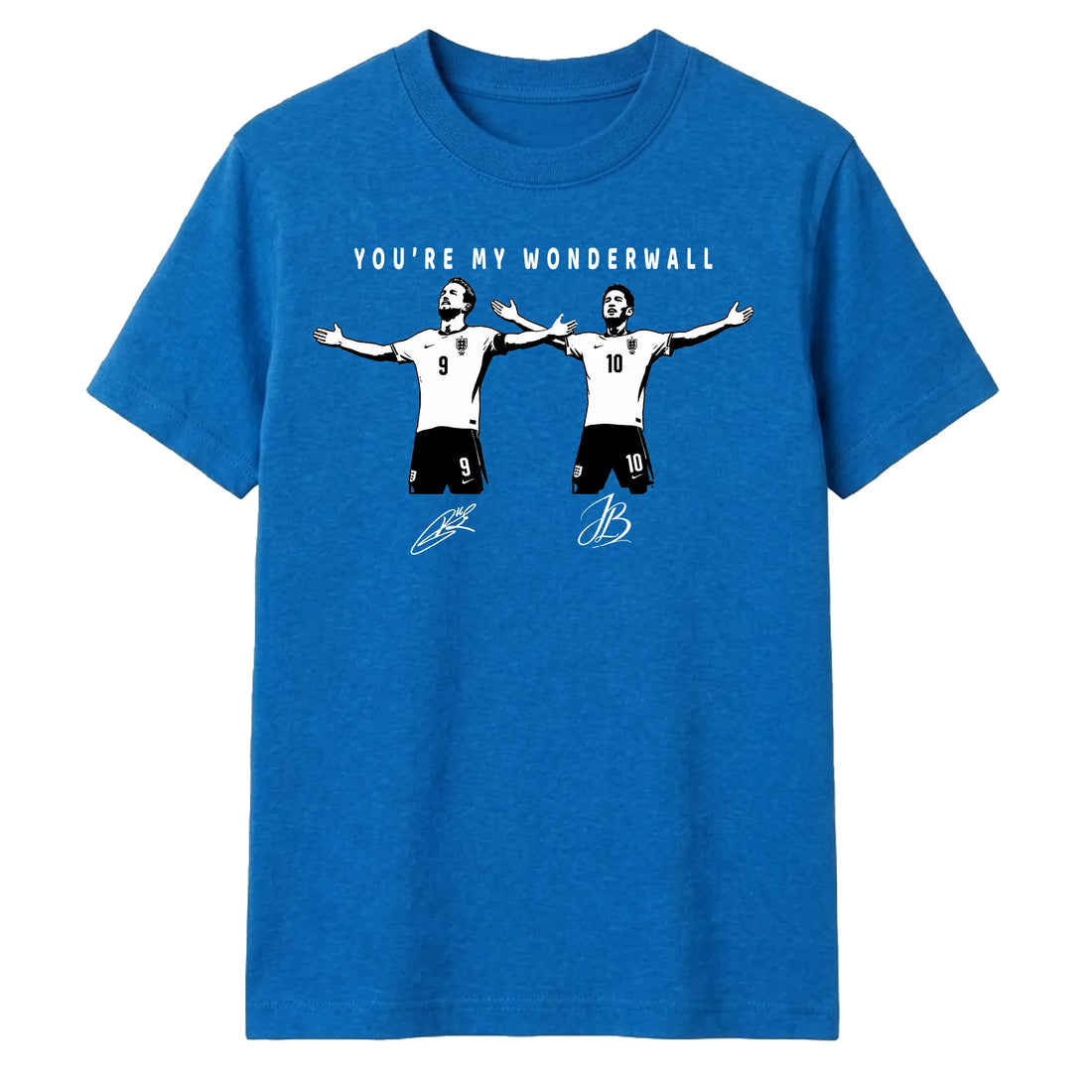 A heather blue short-sleeve t-shirt with a graphic print of two soccer players (Cristiano Ronaldo and Kevin De Bruyne) celebrating, with the text 'YOU'RE MY WONDERWALL' above them.