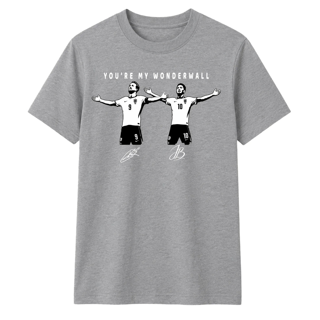 A heather gray short-sleeve crewneck t-shirt featuring a black and white graphic print of two soccer players with the text 'YOU'RE MY WONDERWALL' above them, displayed on a solid white background.
