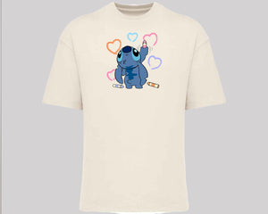 Stitch Graphic Oversized T-Shirt, Unisex Funny Cute Cartoon Tee, 100% Organic Cotton Oversized Fit Top M8407