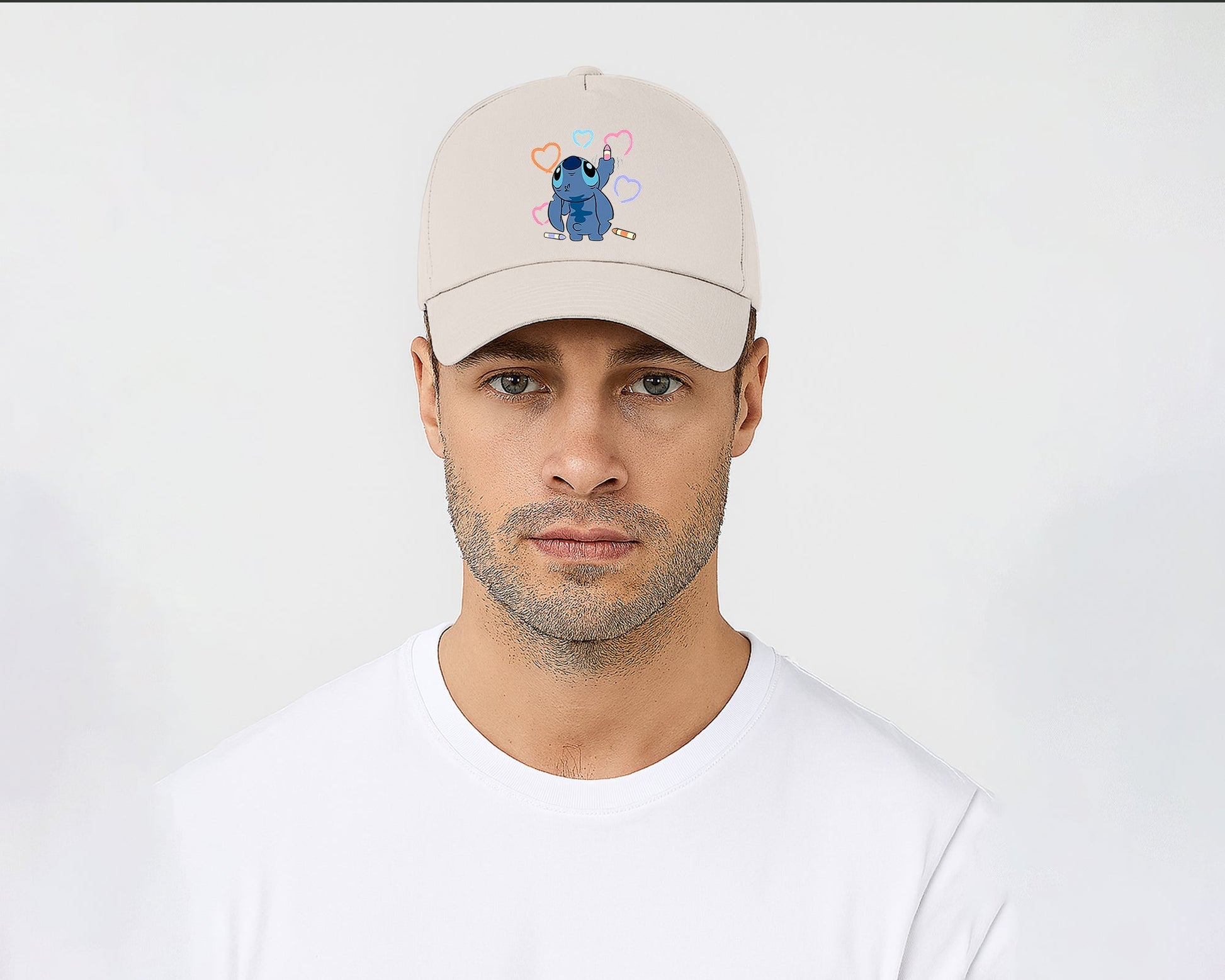 Stitch Crayons Heart Design Cap, Cute Stitch Colorful Printed Unisex Baseball Hat, 100% Cotton Twill Cartoon Lovers Hat M8407