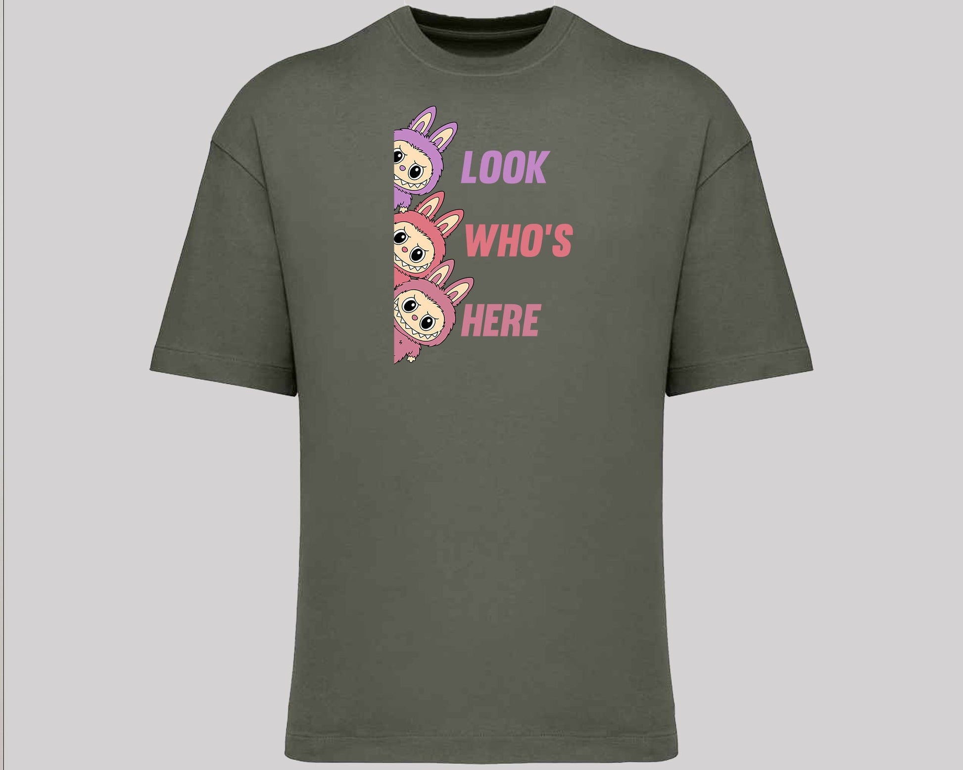 Labubu Look Who's Here T-Shirt, Funny 100% Cartoon Printed Graphic Tee, Oversized Fit Style For Anime Lovers Top M8426