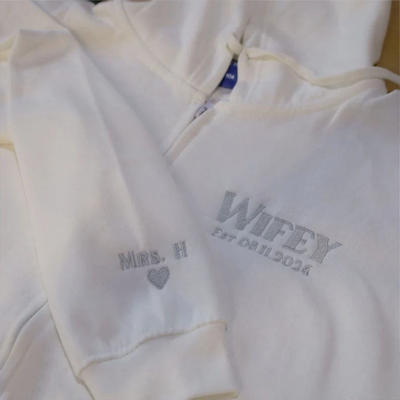 Bride Zip Up Hoodie, Custom Embroidered Wifey Hooded Sweater, Couple Matching Initials Anniversary Jumpers, Bridal Shower Hen Do Party Gifts