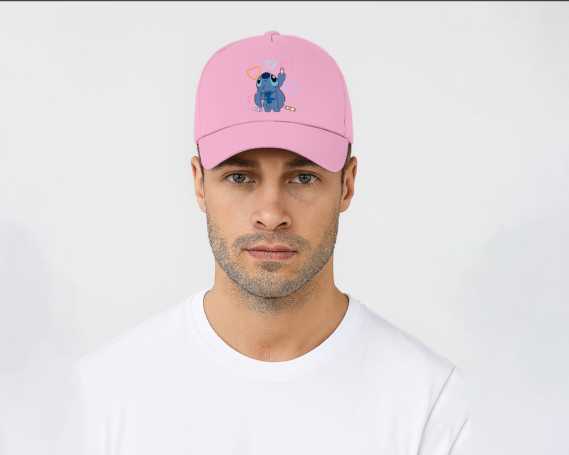 Stitch Crayons Heart Design Cap, Cute Stitch Colorful Printed Unisex Baseball Hat, 100% Cotton Twill Cartoon Lovers Hat M8407