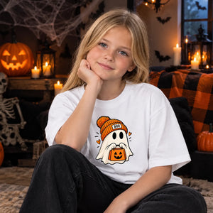 Charming beanie ghost pumpkin treat Halloween Kids T-Shirt