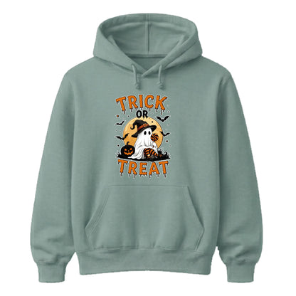 Charming ghost witch hat pumpkin graphic Halloween hoodie