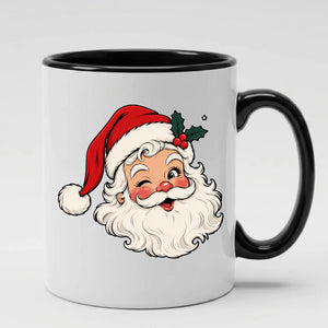 Cheerful vintage winking santa face graphic christmas mug
