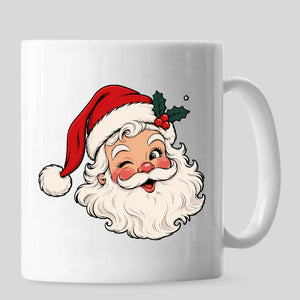 Cheerful vintage winking santa face graphic christmas mug