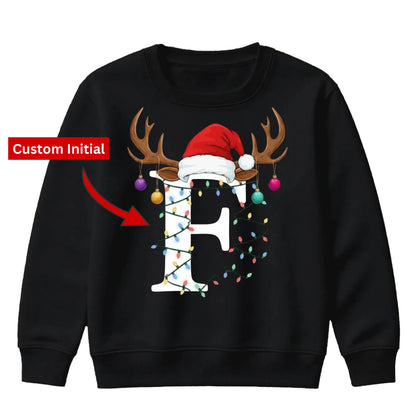 Custom initial reindeer light Christmas Kids Sweatshirt