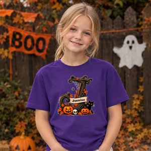 Custom letter spooky tree banner Halloween Kids T-Shirt