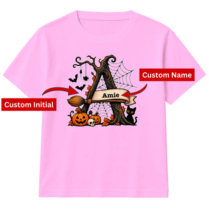 Custom letter spooky tree banner Halloween Kids T-Shirt