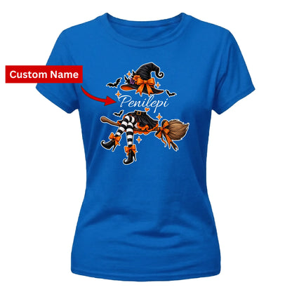 Custom name witch legs graphic Halloween ladies t-shirt