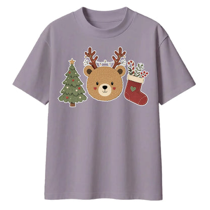 Cute Bear Antler Tree Stocking Christmas Oversized T-Shirt