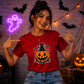 Cute black cat pumpkin graphic Halloween ladies t-shirt