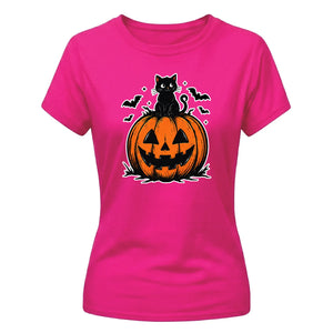 Cute black cat pumpkin graphic Halloween ladies t-shirt