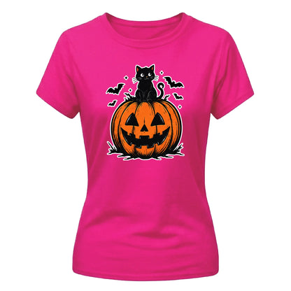 Cute black cat pumpkin graphic Halloween ladies t-shirt