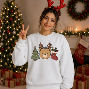 Cute Reindeer Bear Graphic Christmas Oversized Sweatshirt