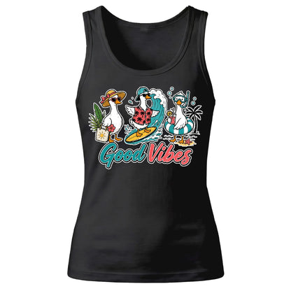 Cute Surfing Ducks Good Vibes Summer Graphic Ladies Tank Top