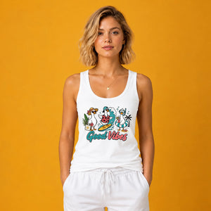 Cute Surfing Ducks Good Vibes Summer Graphic Ladies Tank Top