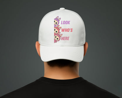 Labubu 5 Panel Cap, Look Who's Here Printed Orginal Design Hat, Pre-Curved Peak 100% Cotton Twill Cap M8426