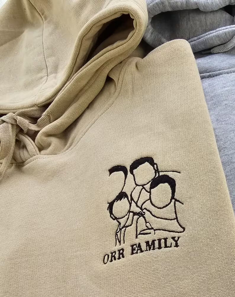 Custom Photo Embroidered Hoodie, Personalised Family Matching Sketch from Photo Unisex Jumper, 1st Anniversary Special Date Initial Sweater