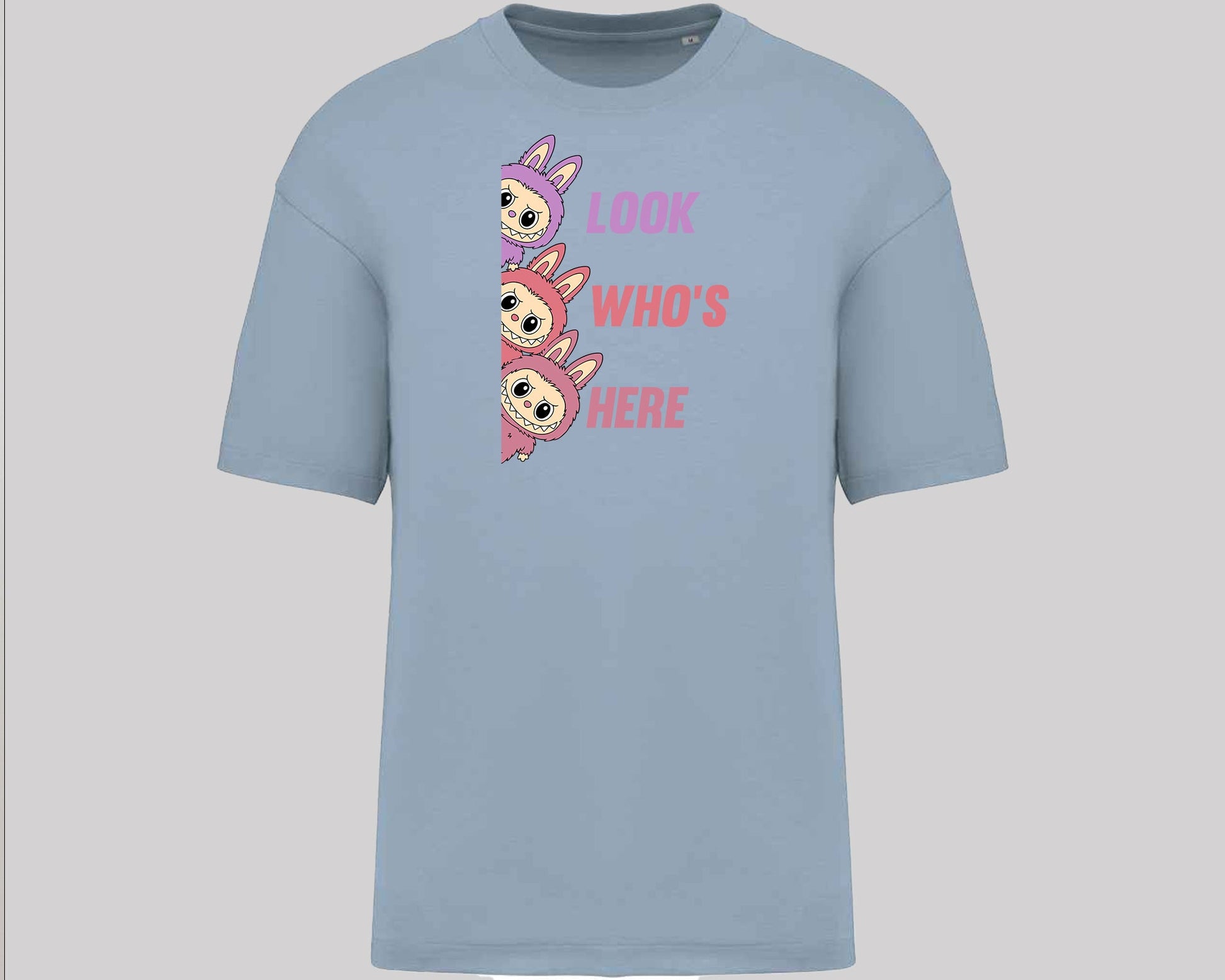 Labubu Look Who's Here T-Shirt, Funny 100% Cartoon Printed Graphic Tee, Oversized Fit Style For Anime Lovers Top M8426