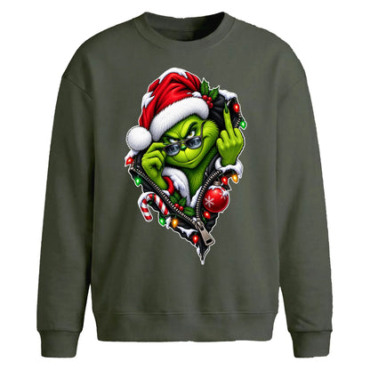 Edgy zipped grinch graphic Christmas Oversized Sweatshirt