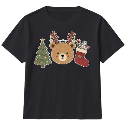 Festive Bear Antler Tree Stocking Christmas Kids T-Shirt