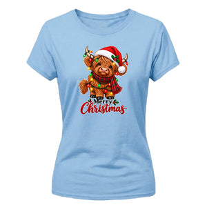 Festive cute highland cow graphic Christmas Ladies T-Shirt