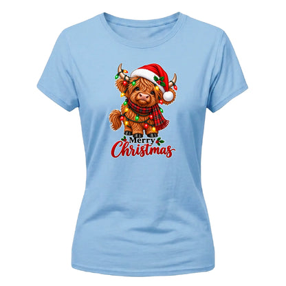 Festive cute highland cow graphic Christmas Ladies T-Shirt